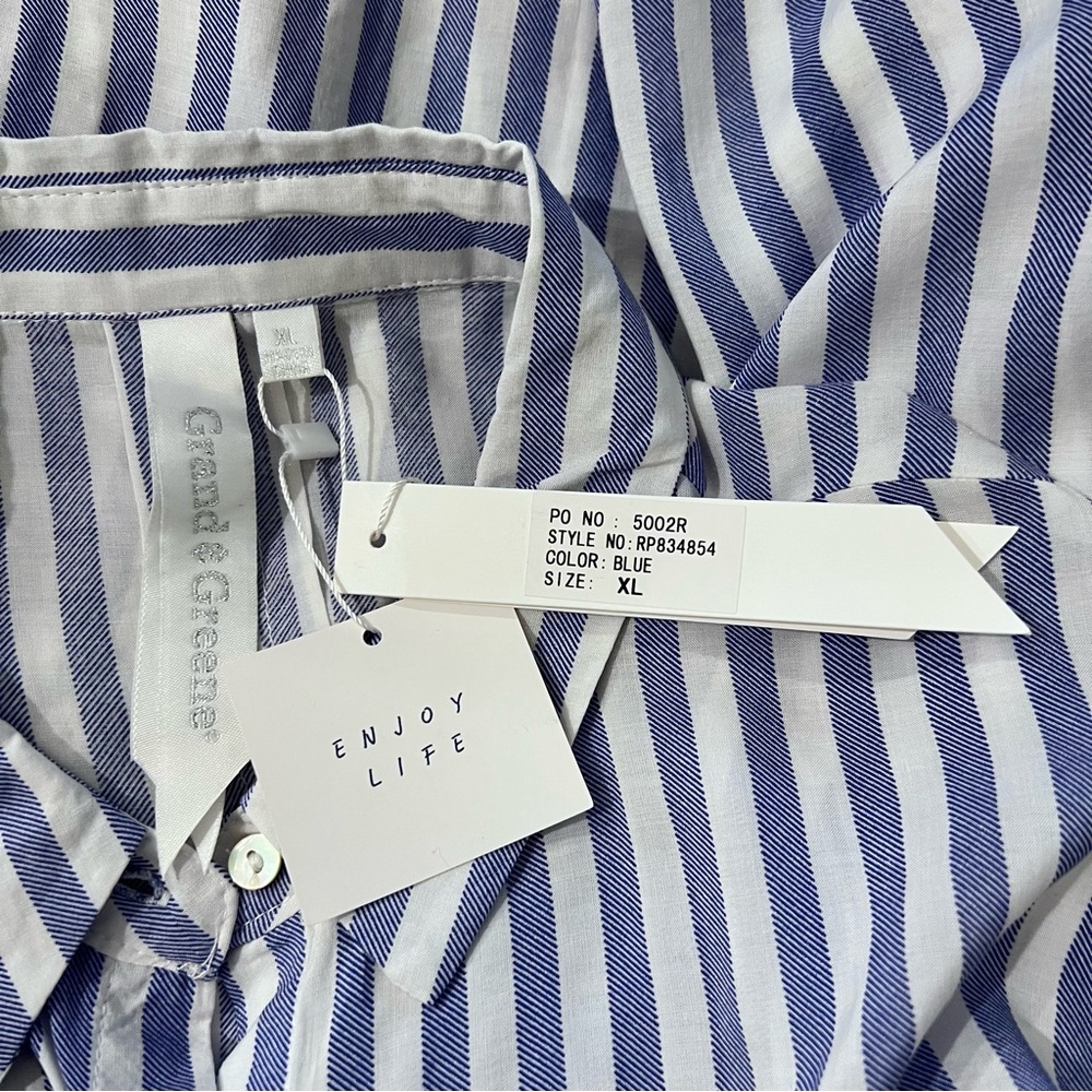 Grand & Green XL Women’s Blue & White Striped Button Up Lightweight - Picture 4 of 7